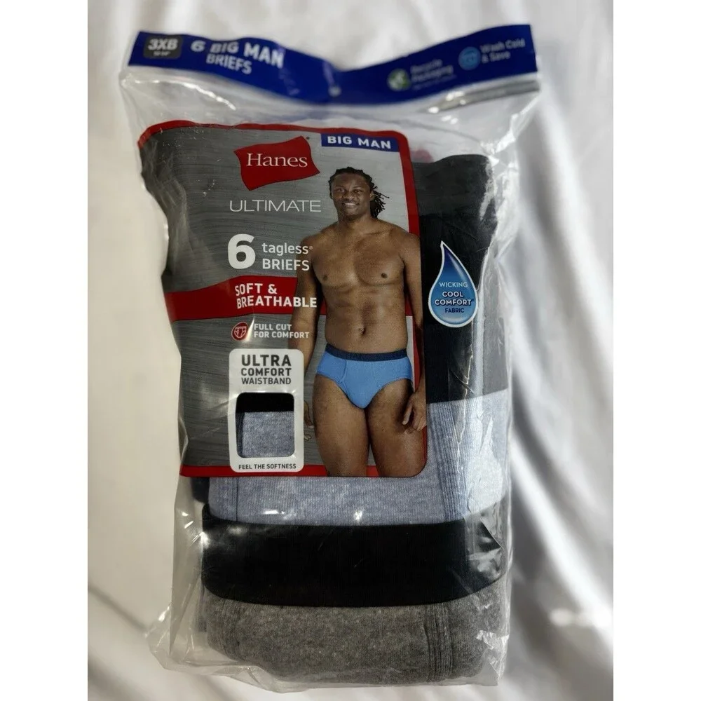 Hanes Briefs Men 3XB Multi Ultimate Big Man Tagless 6-Pack 7839B6 52-54” NEW